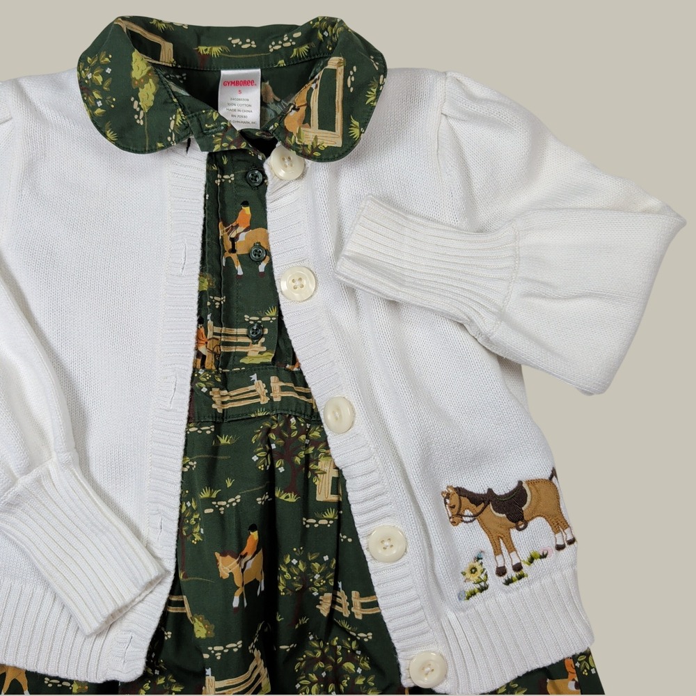 Vintage Gymboree Dress Cardigan Set Girls 5 Green Equestrian Club Horse Girl